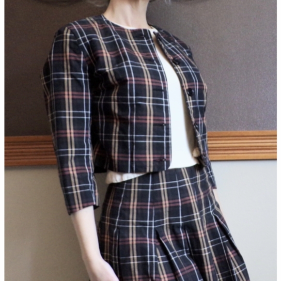 1960's PLAID SKIRT SUIT 60's vintage set S (D4) - Picture 4 of 9